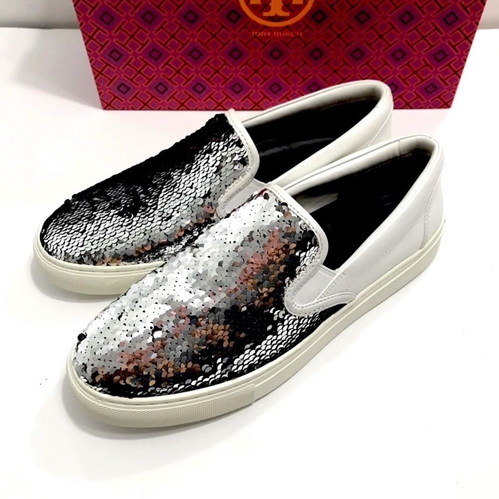 Tory Burch Womens Sneakers Silver Sequins Slip ons